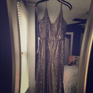 BHLDN silver sequin La Lune jumpsuit size 8